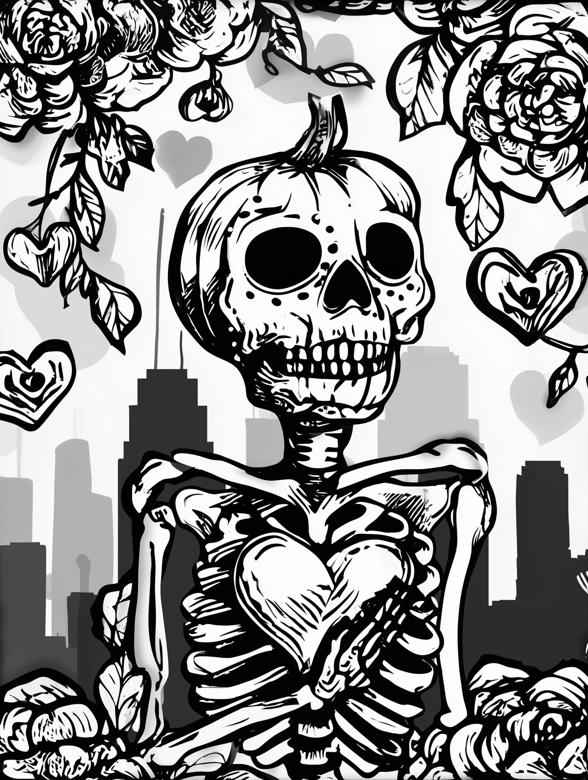 Free printable coloring page for adults featuring a skeleton with a heart chest design